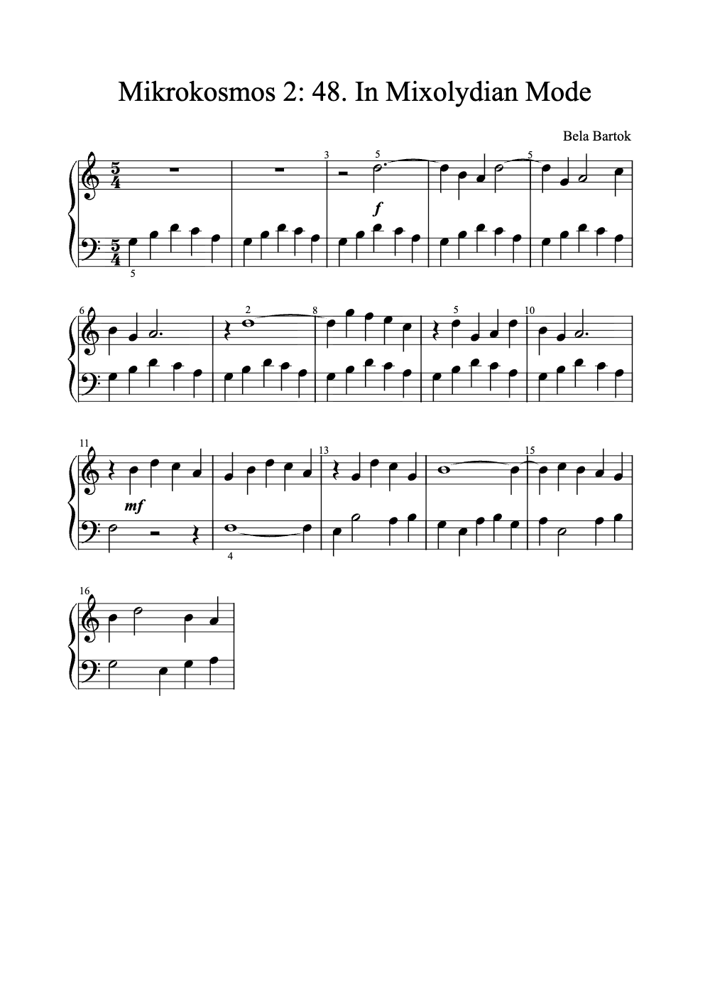 Sheet music preview for Mikrokosmos 2: 48. In Mixolydian Mode