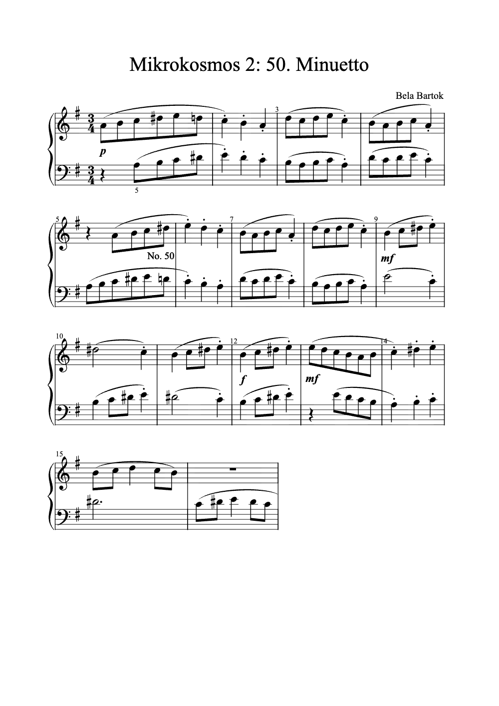 Sheet music preview for Mikrokosmos 2: 50. Minuetto