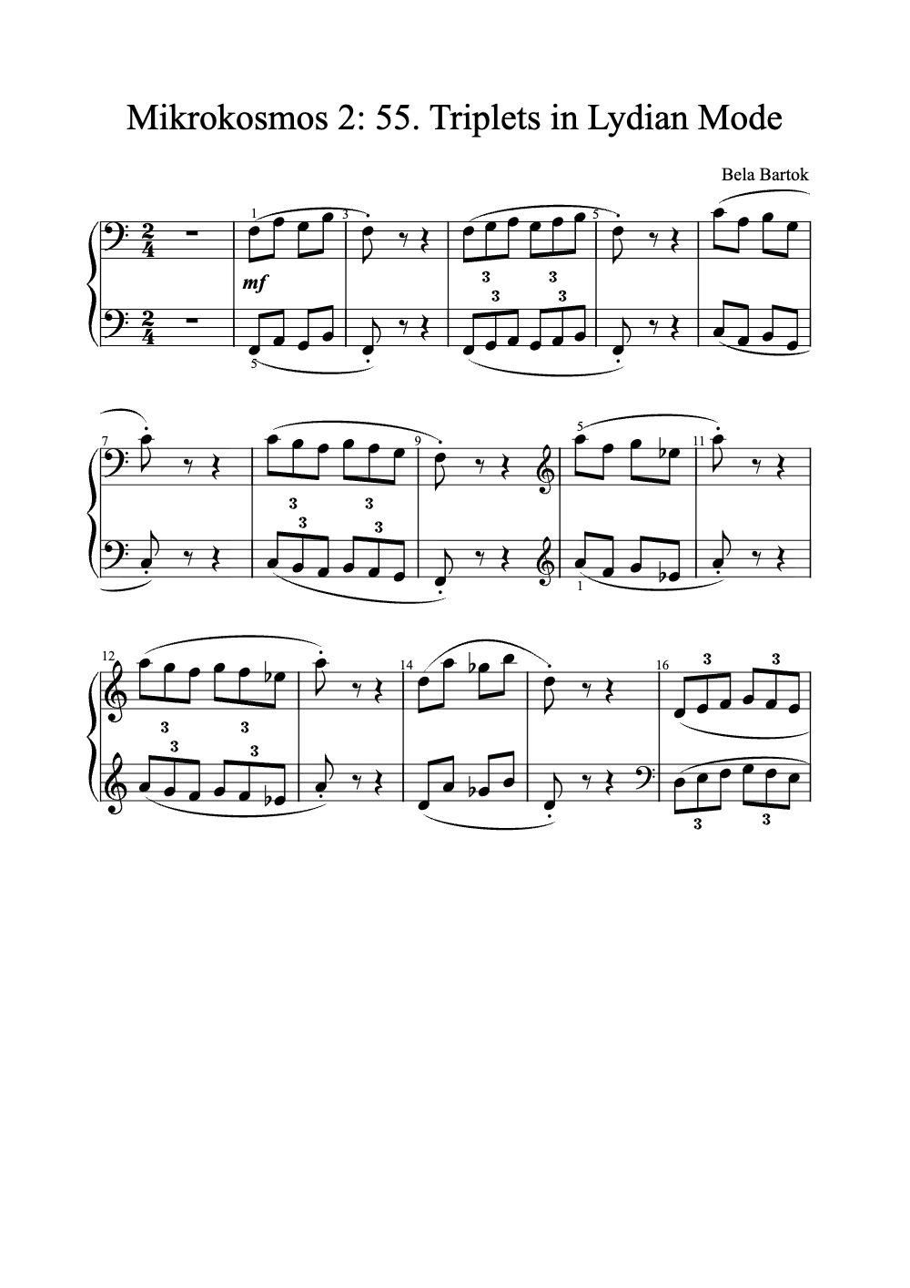 Sheet music preview for Mikrokosmos 2: 55. Triplets in Lydian Mode