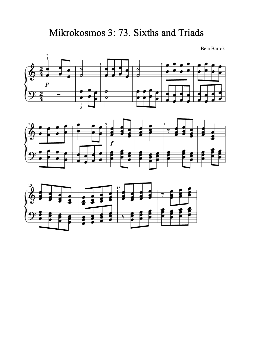 Sheet music preview for Mikrokosmos 3: 73. Sixths and Triads