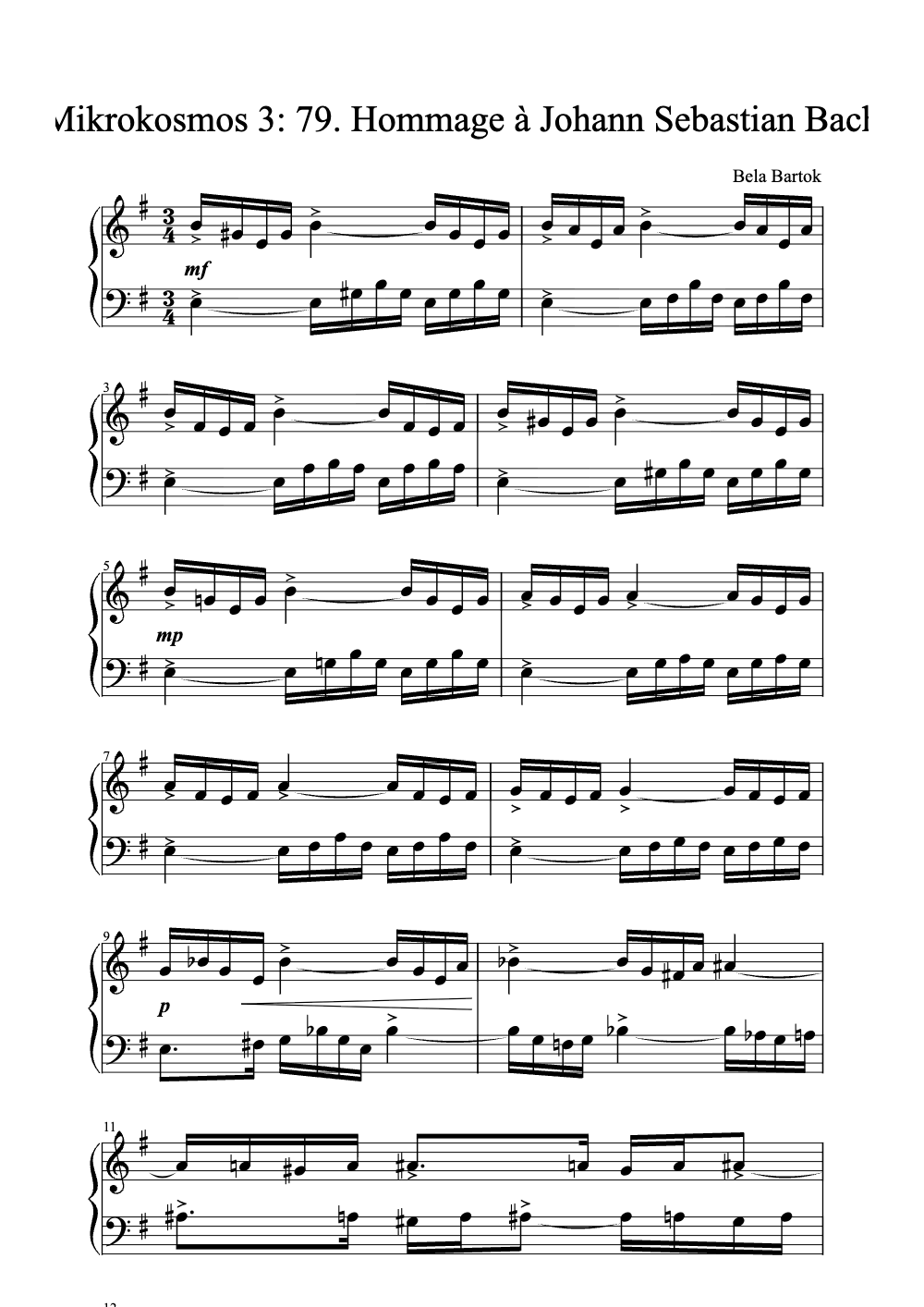 Sheet music preview for Mikrokosmos 3: 79. Hommage à Johann Sebastian Bach