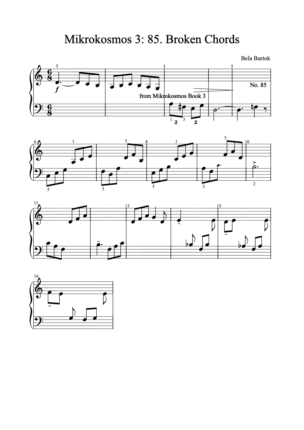 Sheet music preview for Mikrokosmos 3: 85. Broken Chords