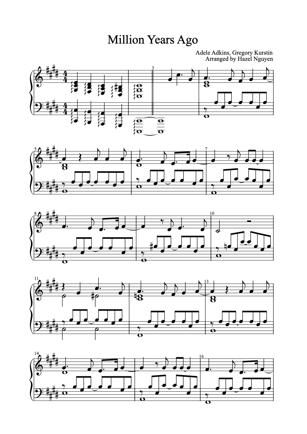Sheet music preview for Million Years Ago
