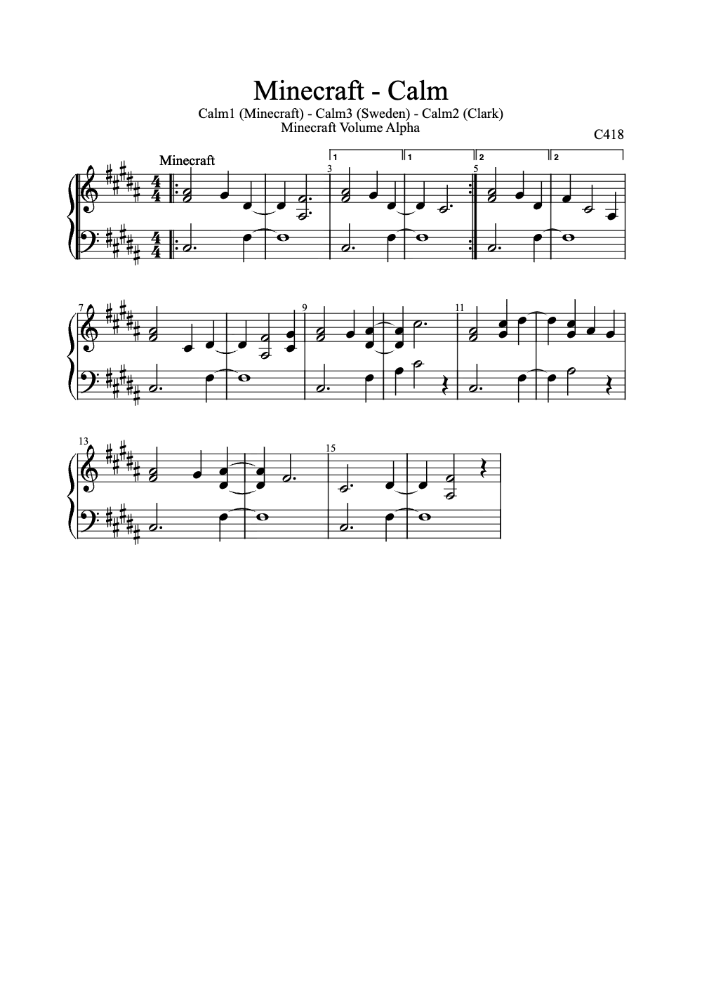 Sheet music preview for Minecraft - Calm