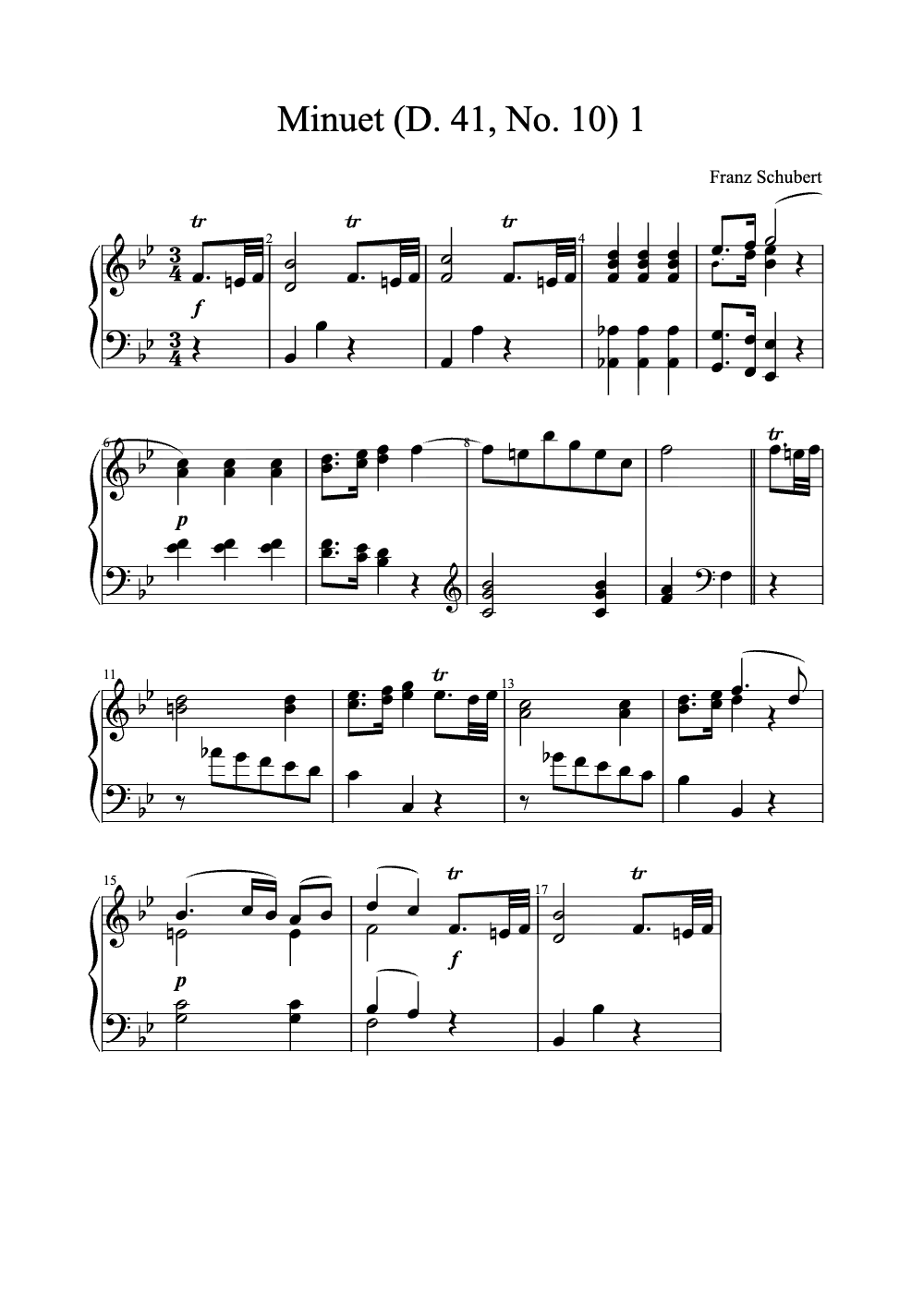 Sheet music preview for Minuet (D. 41, No. 10)