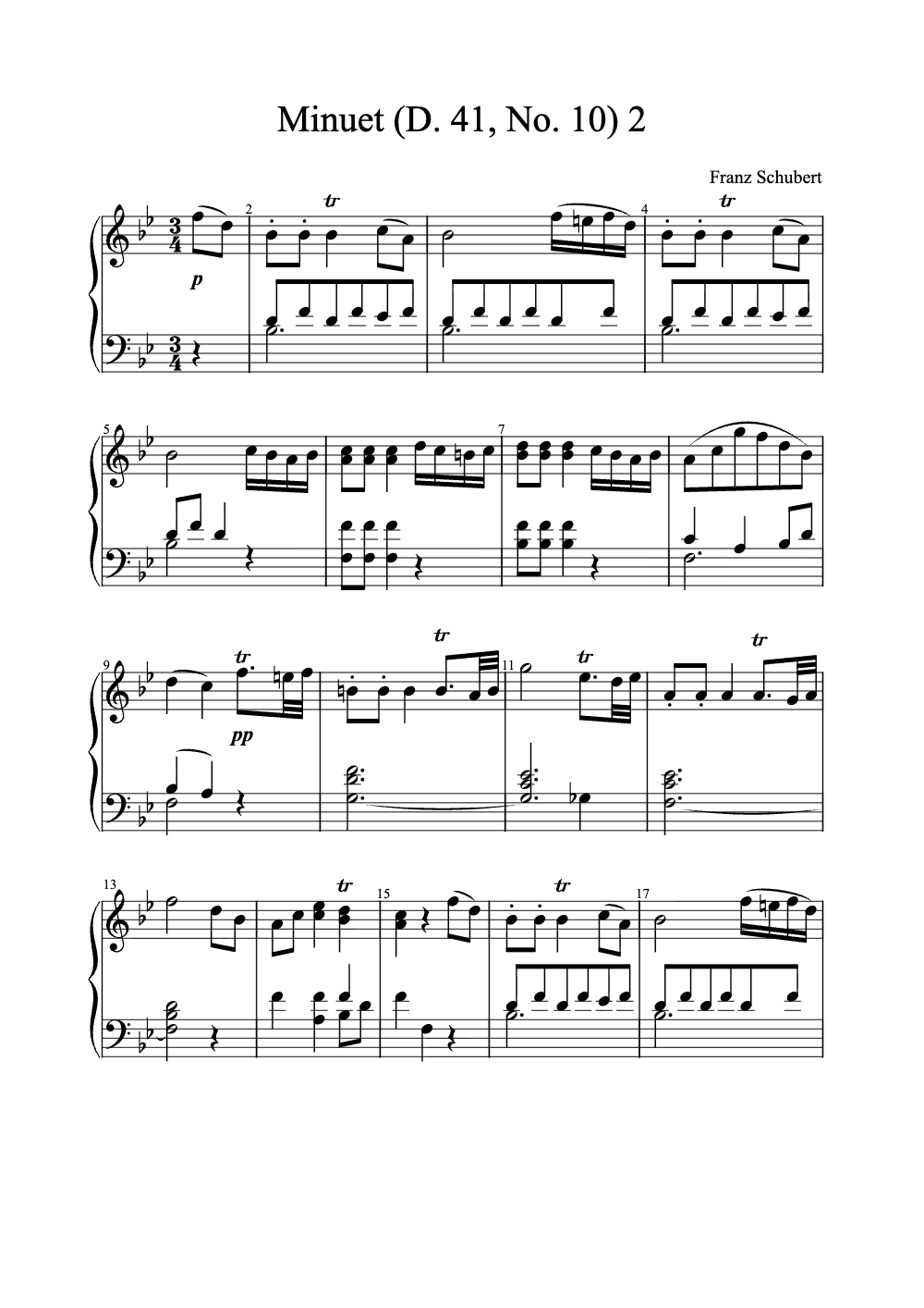 Sheet music preview for Minuet (D. 41, No. 10)