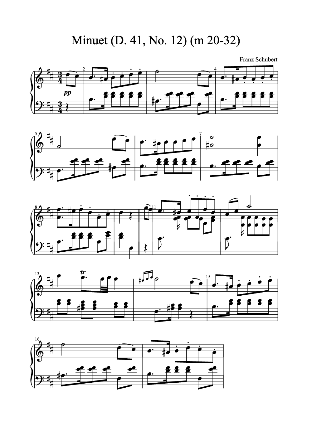 Sheet music preview for Minuet (D. 41, No. 12)