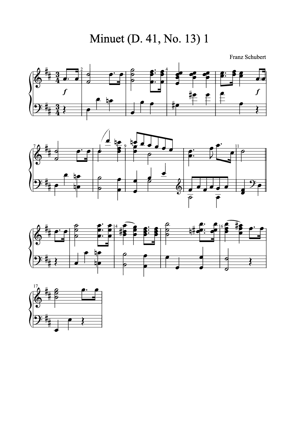 Sheet music preview for Minuet (D. 41, No. 13)