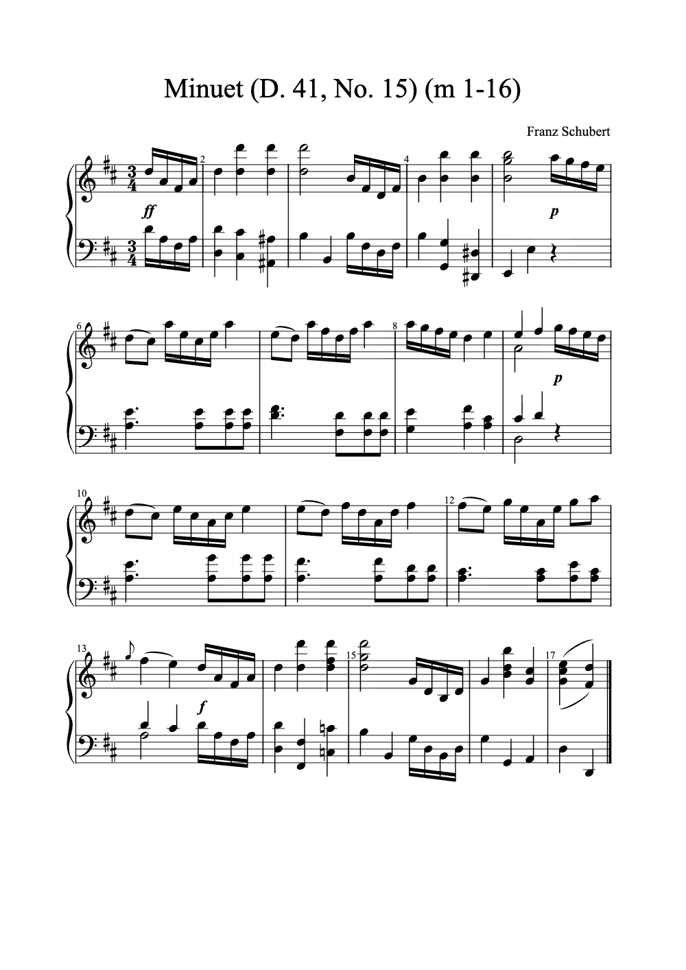 Sheet music preview for Minuet (D. 41, No. 15)
