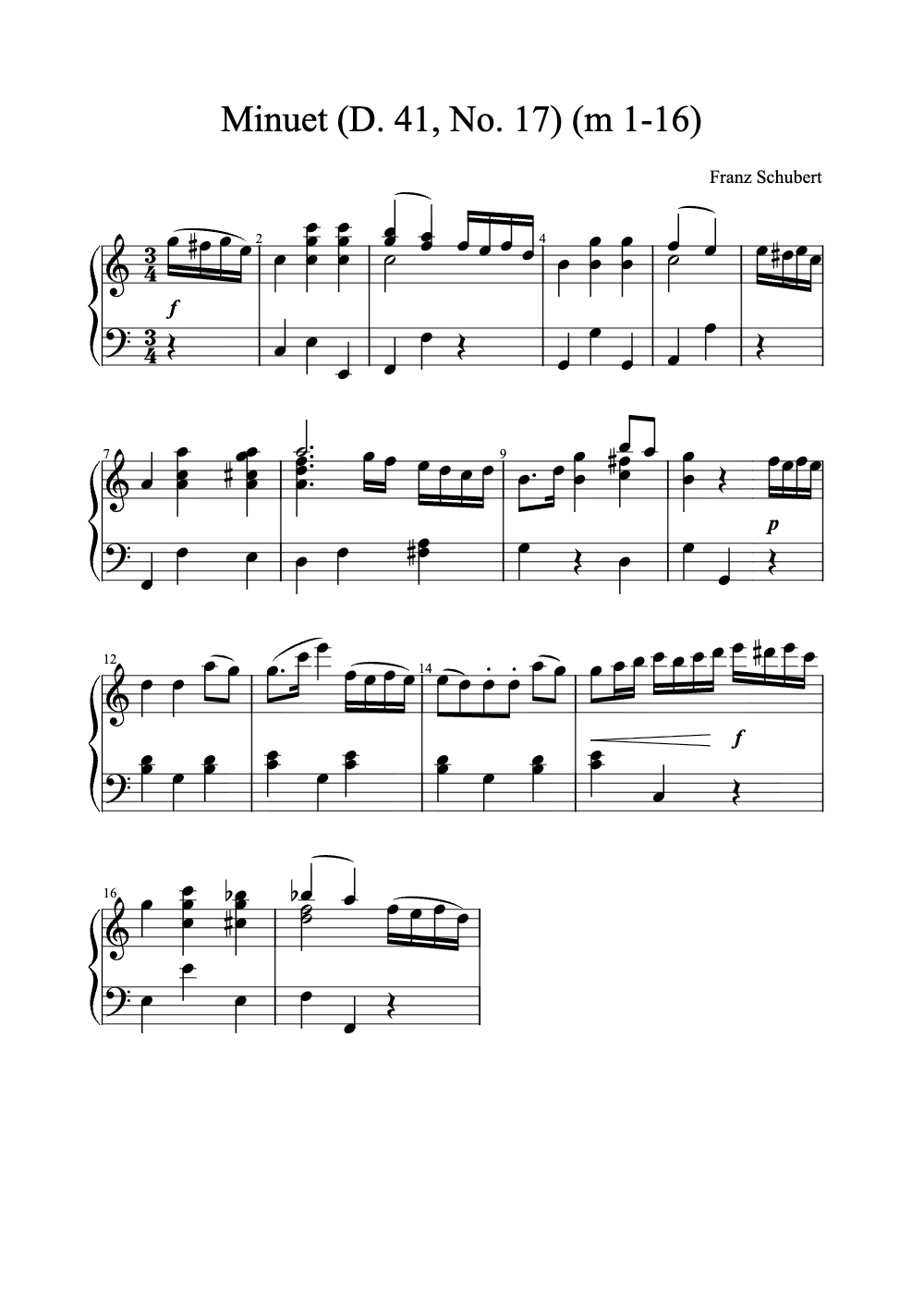 Sheet music preview for Minuet (D. 41, No. 17)