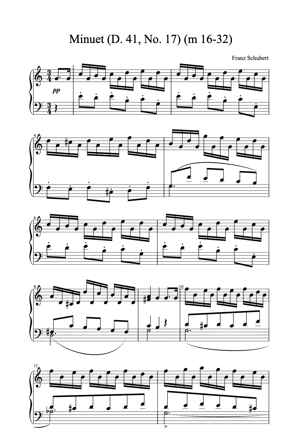 Sheet music preview for Minuet (D. 41, No. 17)