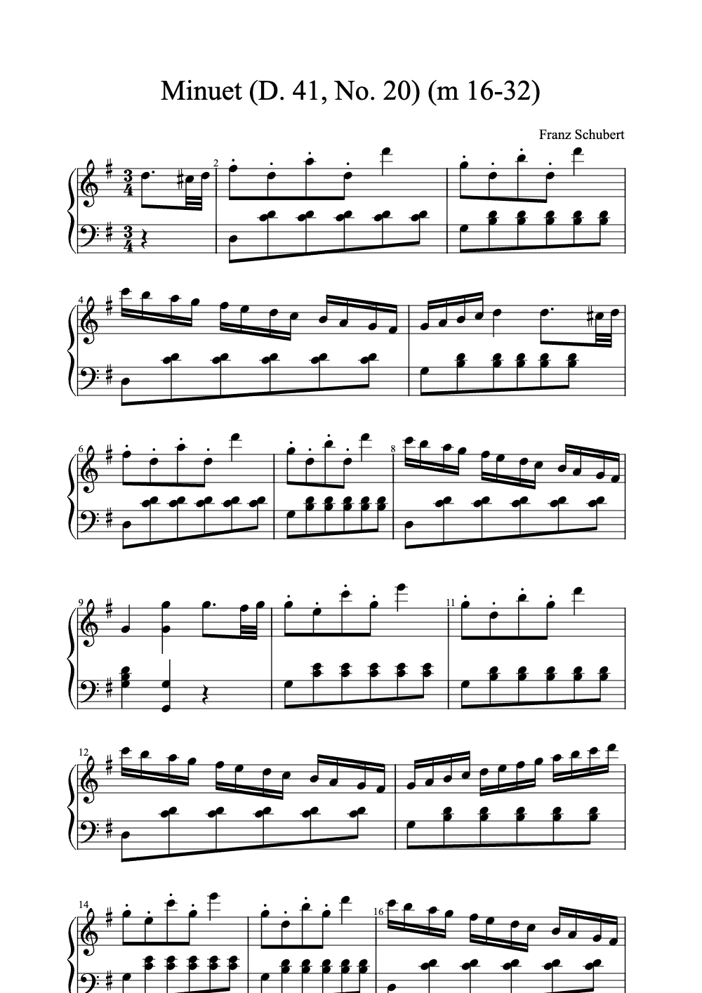 Sheet music preview for Minuet (D. 41, No. 20)
