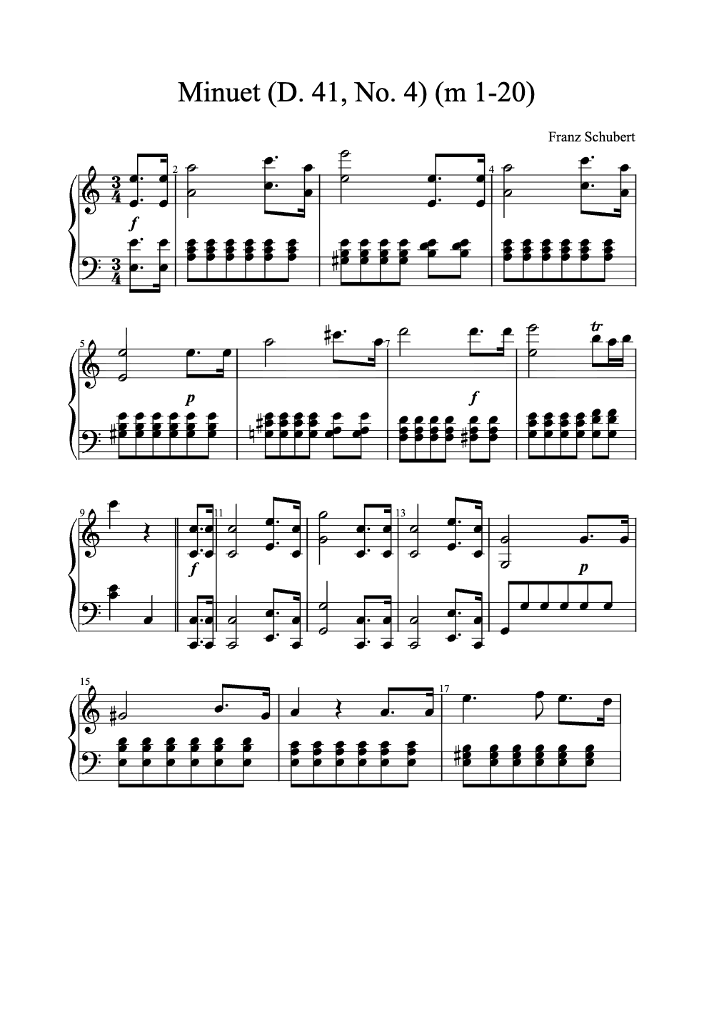 Sheet music preview for Minuet (D. 41, No. 4)