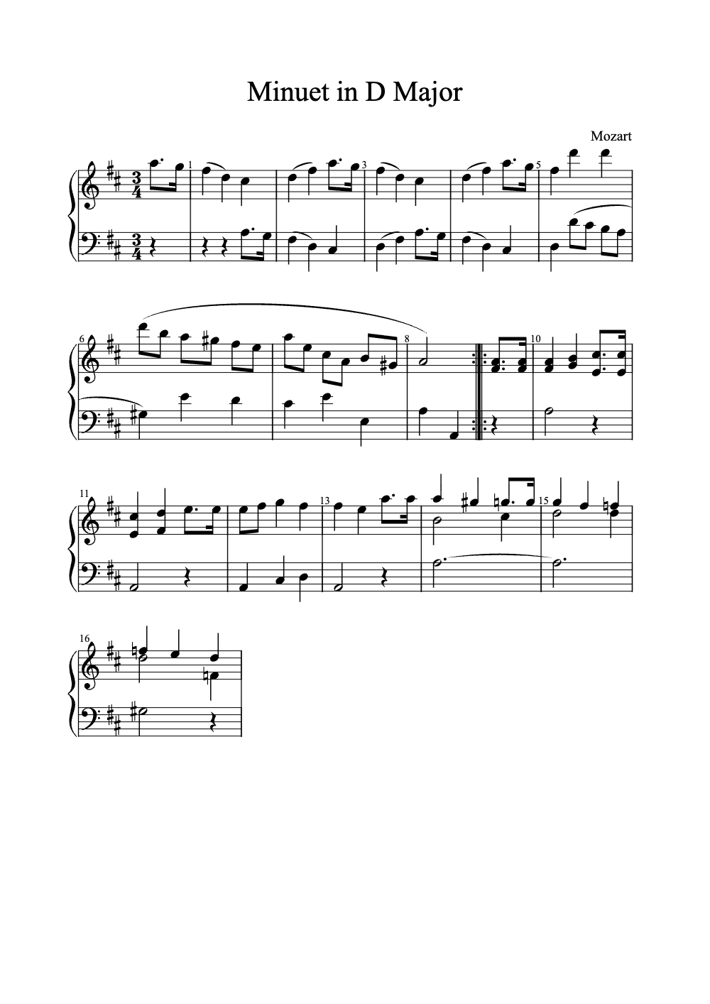 Sheet music preview for Minuet in D Major