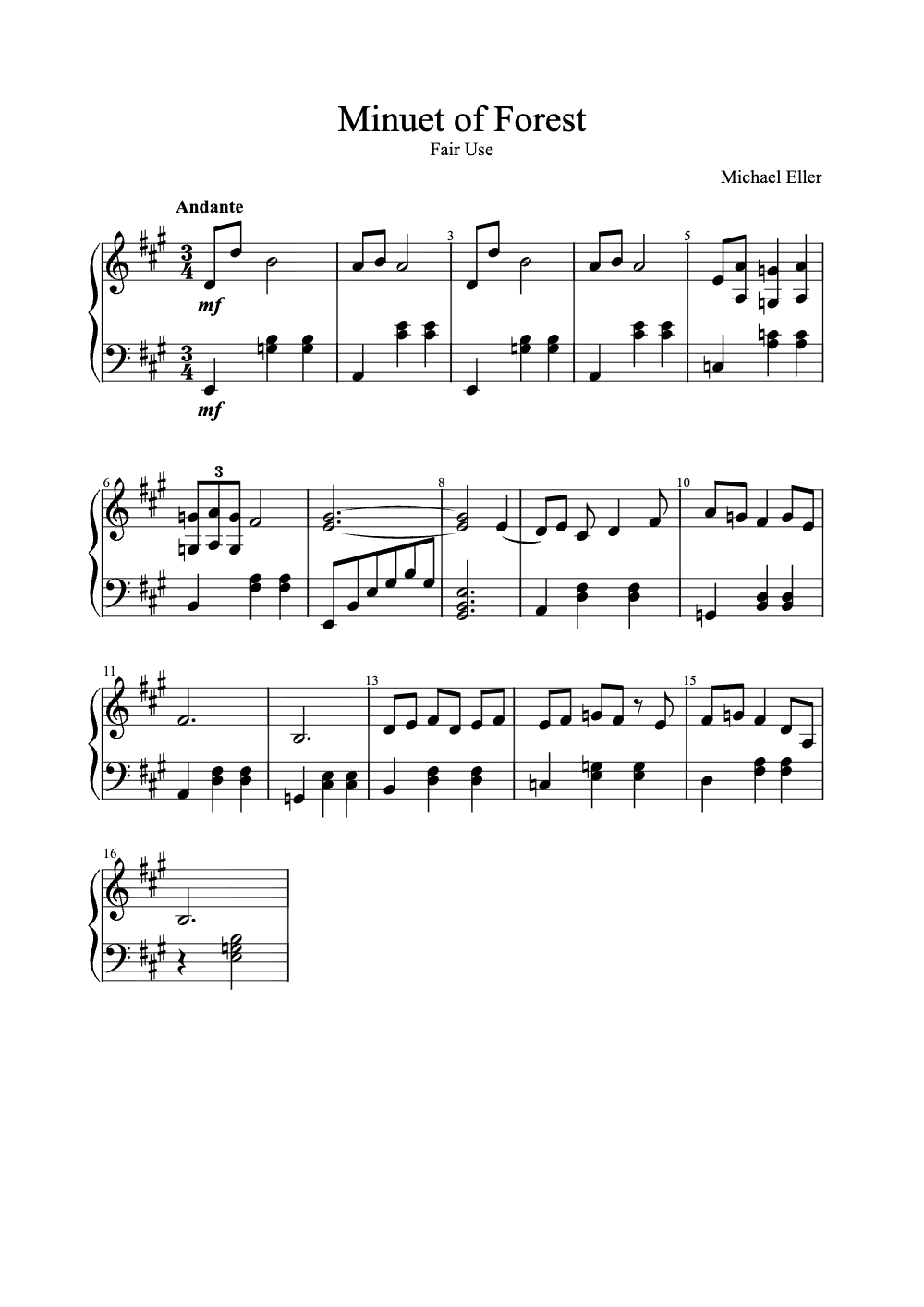 Sheet music preview for Minuet of the Forest