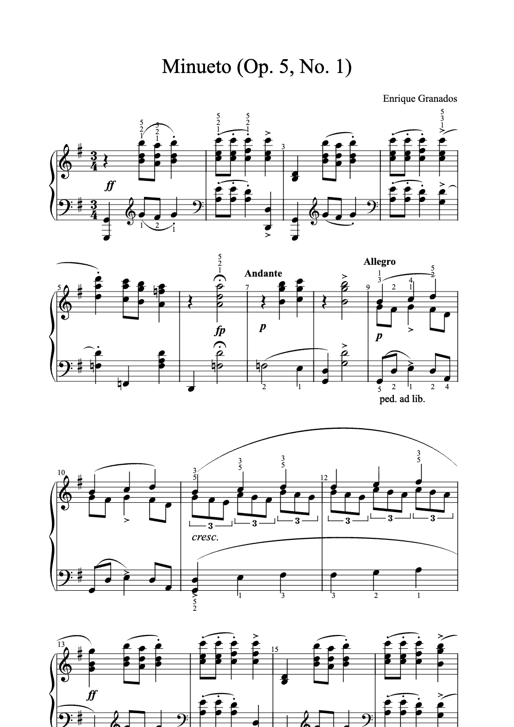 Sheet music preview for Minueto (Op. 5, No. 1)