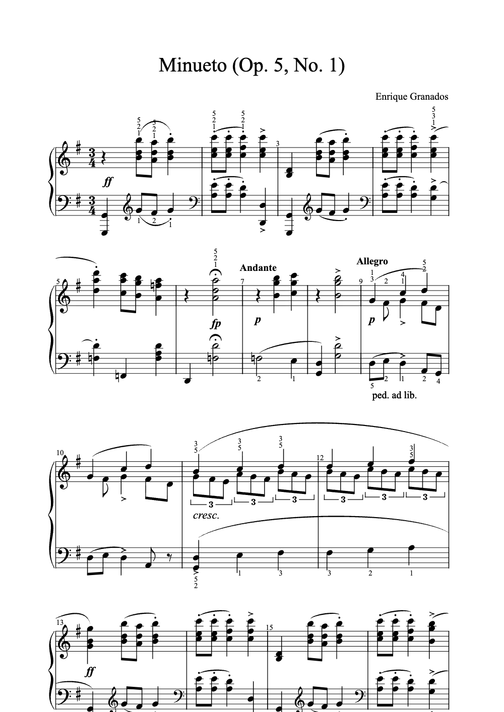 Sheet music preview for Minueto (Op. 5, No. 1)
