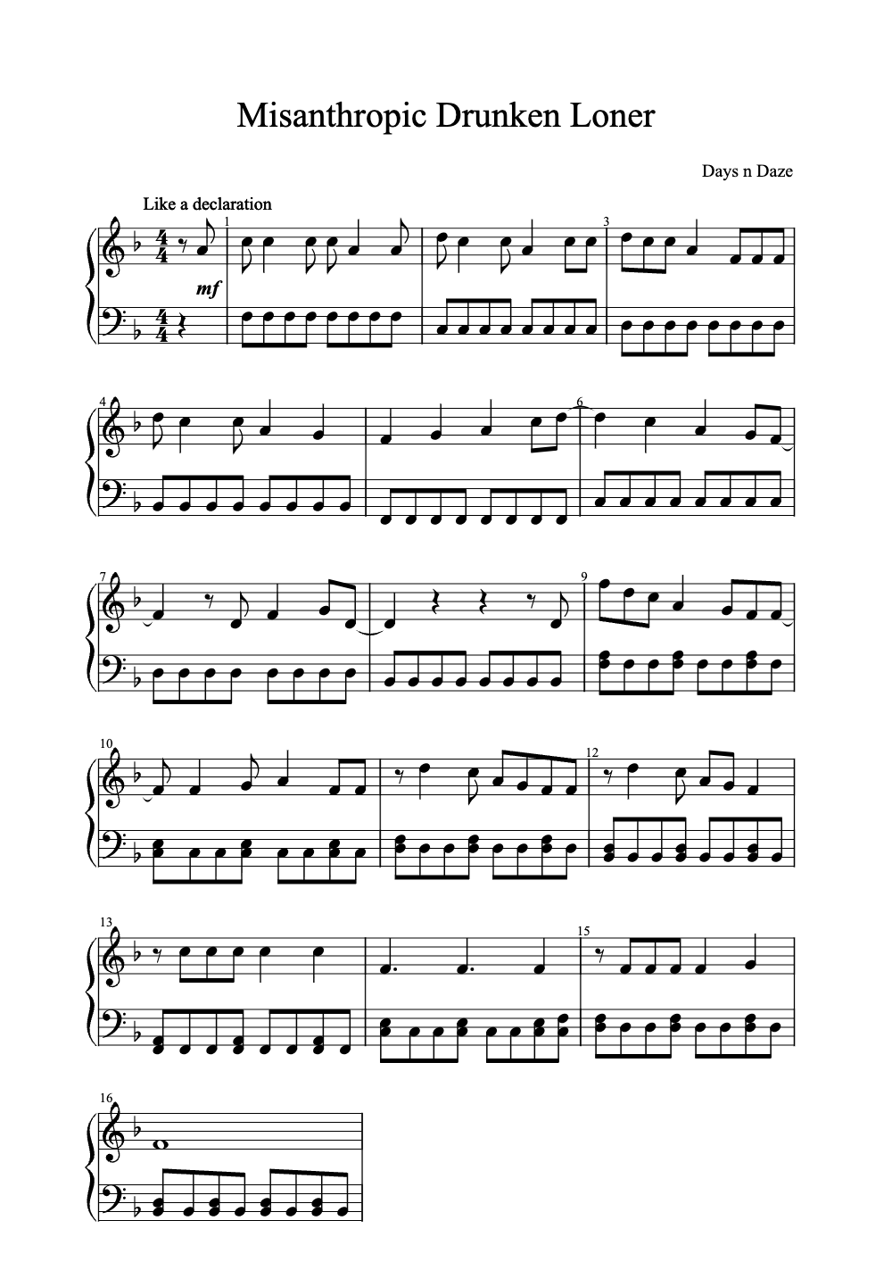 Sheet music preview for Misanthropic Drunken Loner