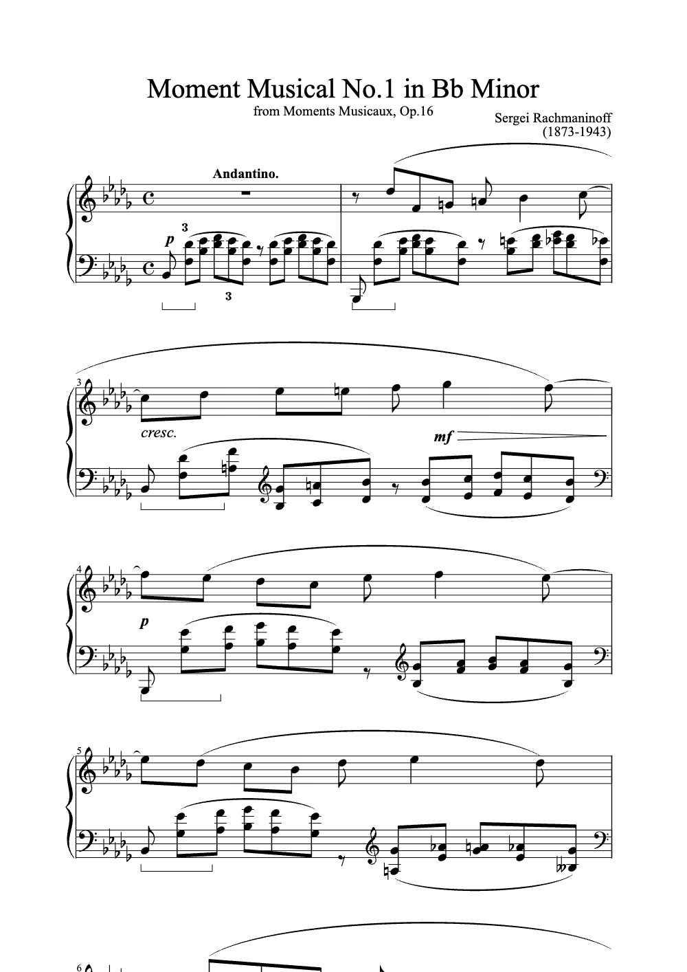 Sheet music preview for Moment Musical No. 1 in B♭ Minor
