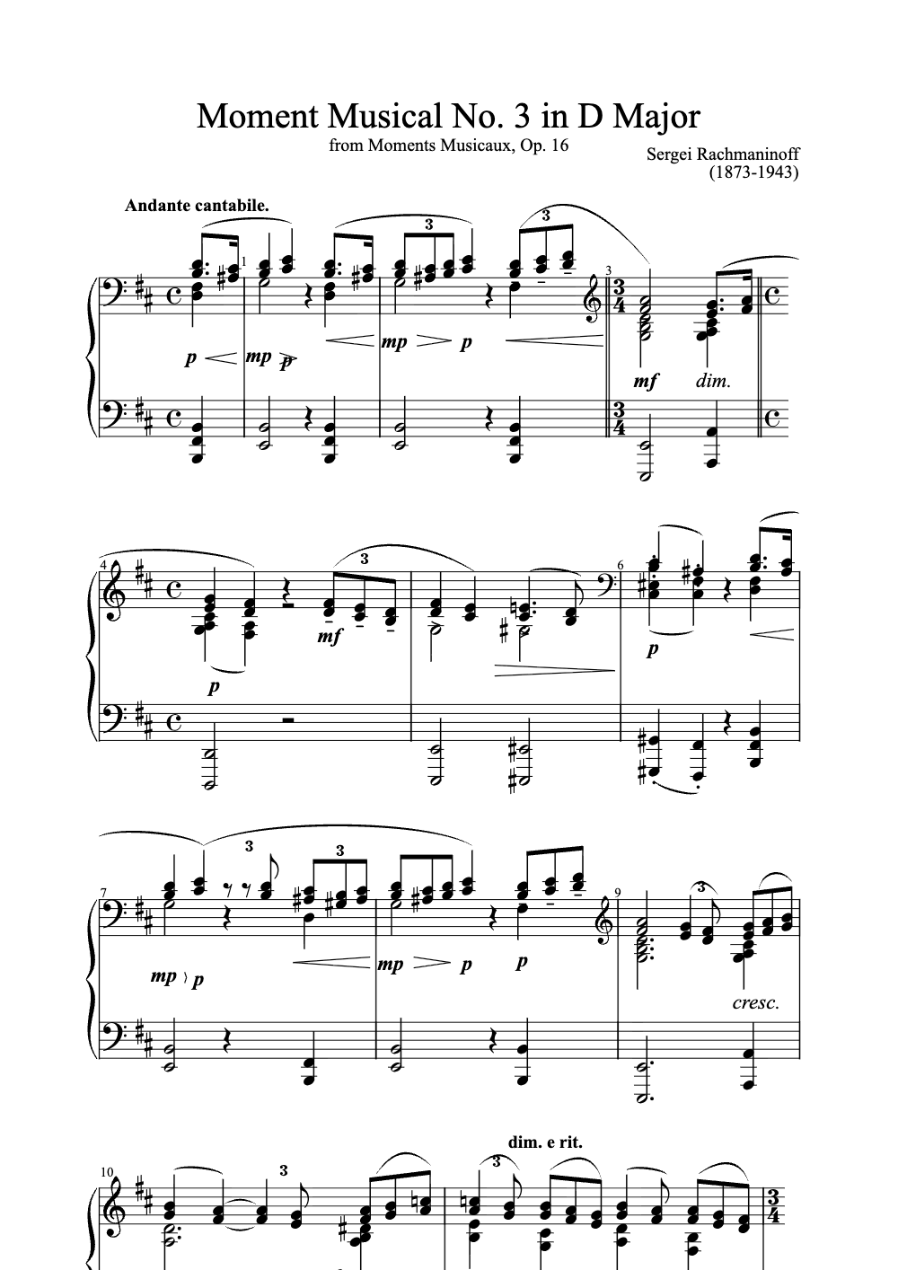Sheet music preview for Moment Musical No. 3 in D Major