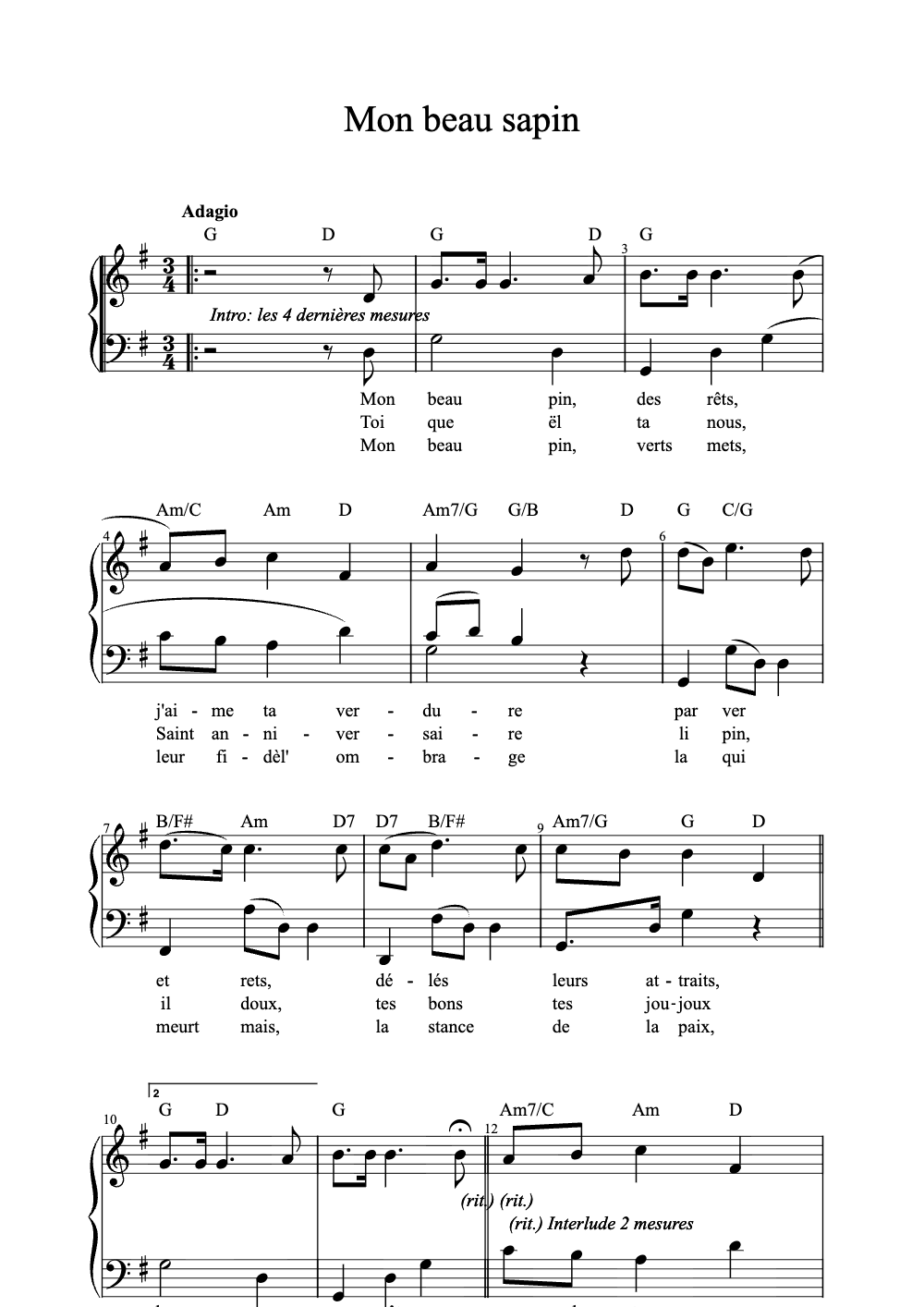 Sheet music preview for Mon Beau Sapin