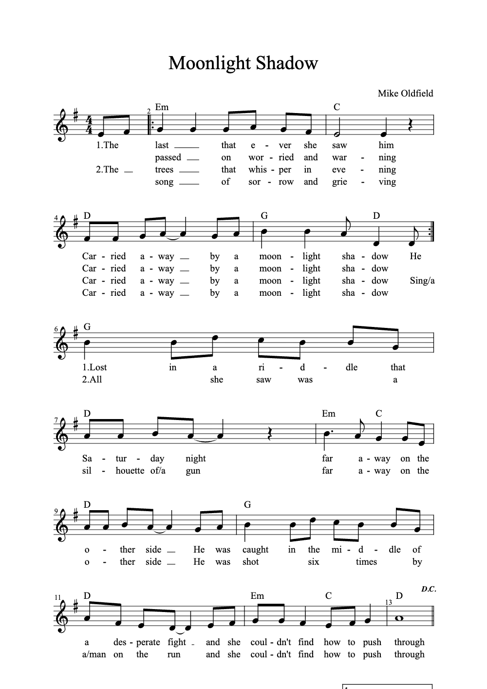 Sheet music preview for Moonlight Shadow