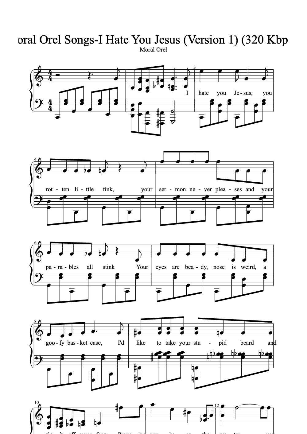 Sheet music preview for I Hate You Jesus