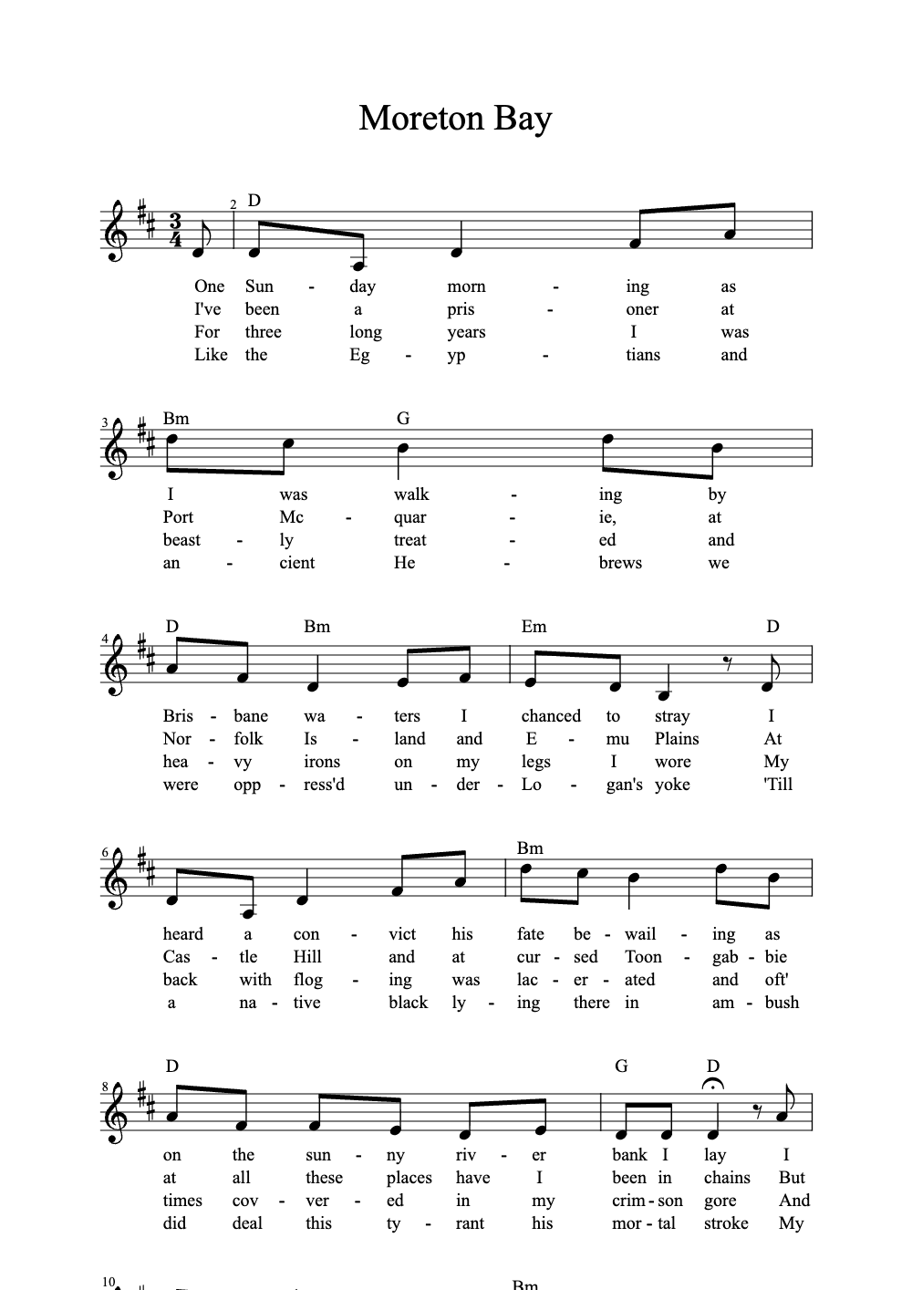 Sheet music preview for Moreton Bay