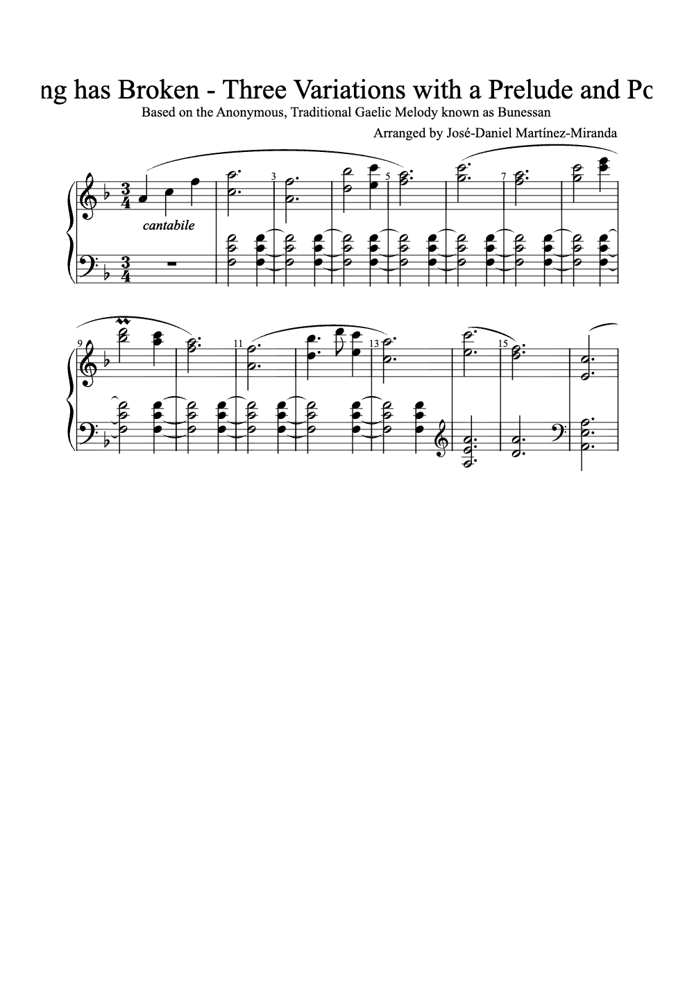 Sheet music preview for Morning Has Broken - Three Variations with a Prelude and Postlude