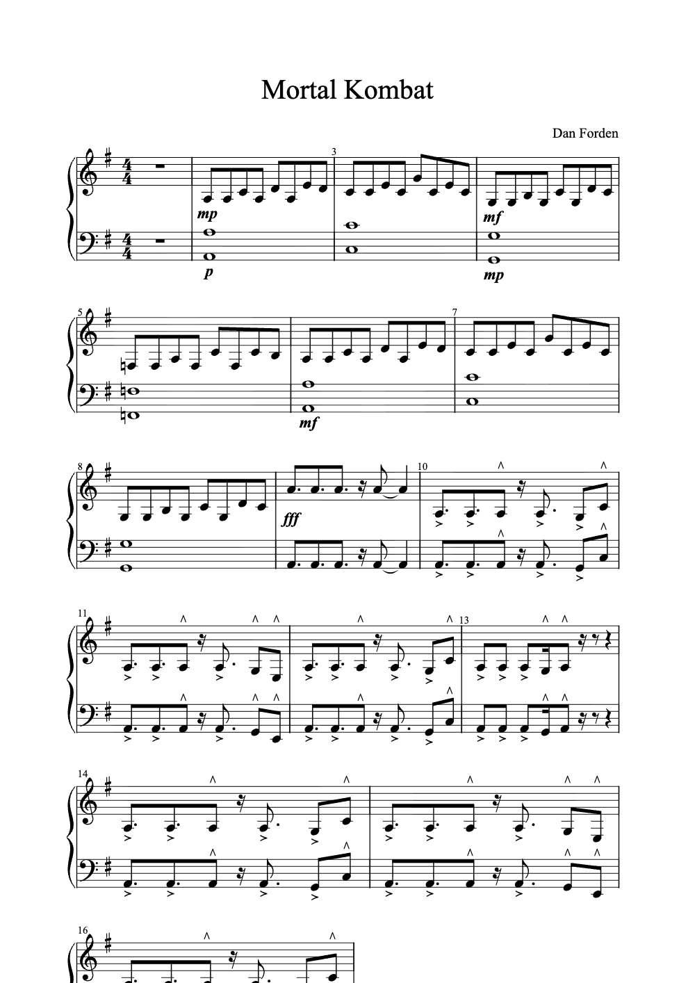 Sheet music preview for Mortal Kombat