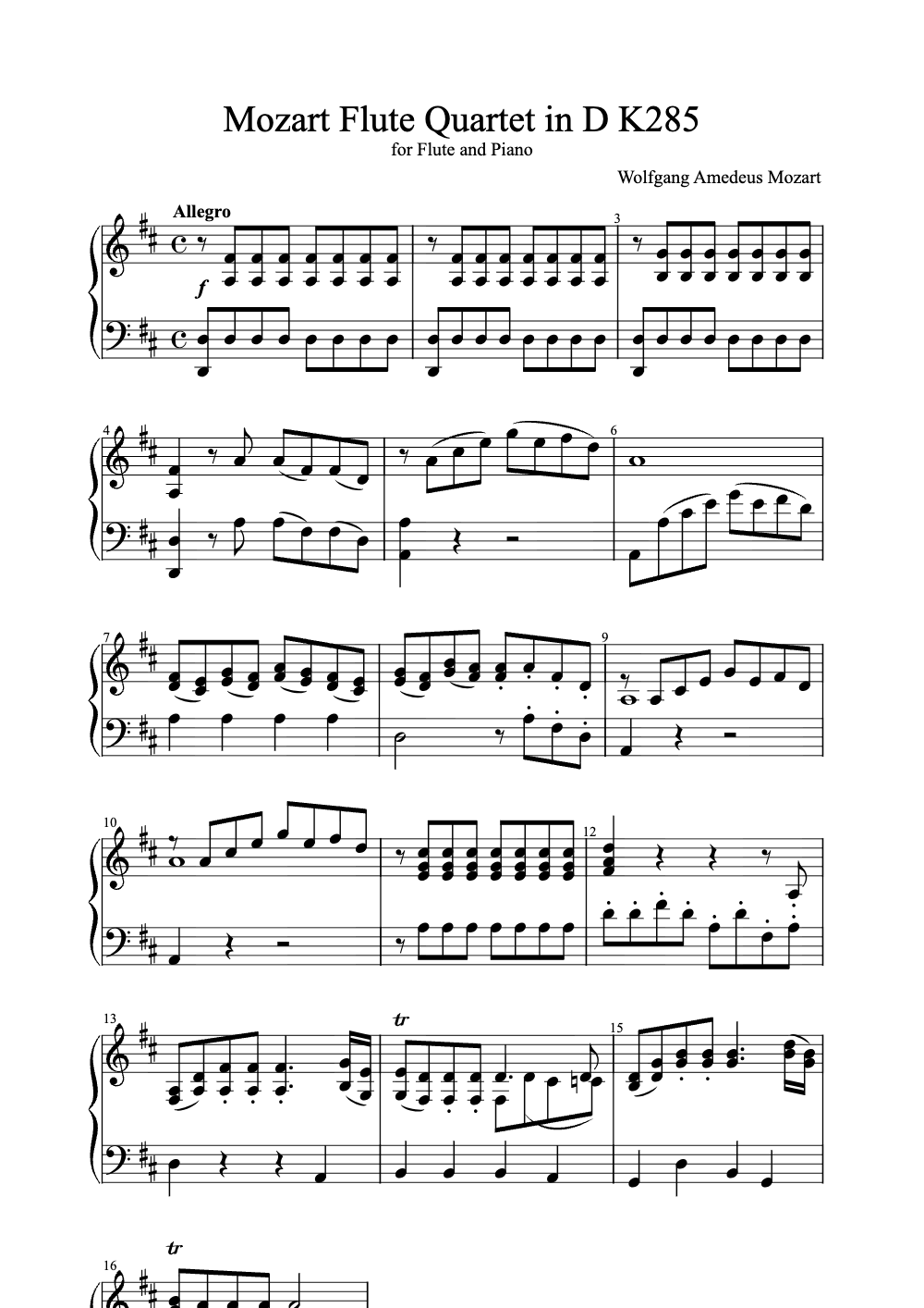 Sheet music preview for Flute Quartet in D, K. 285