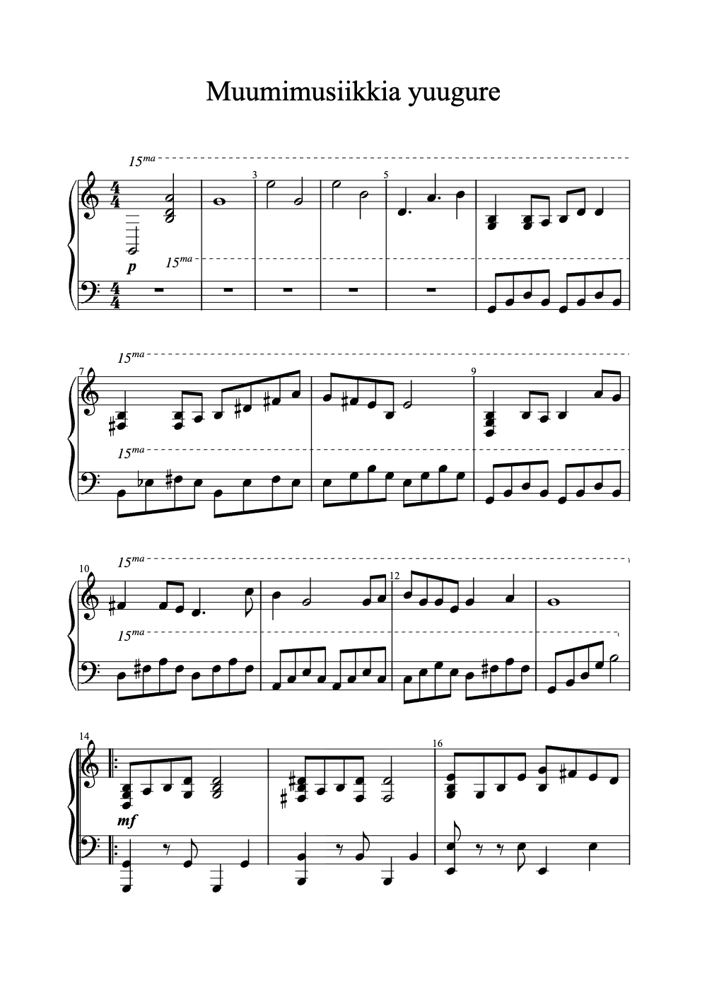 Sheet music preview for Muumimusiikkia Yuugure
