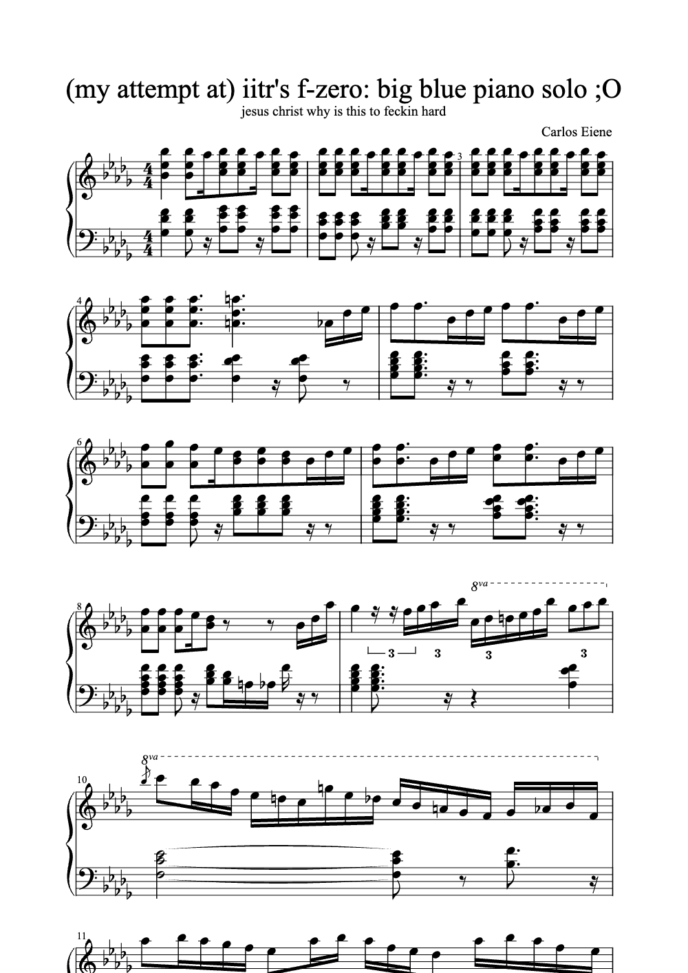 Sheet music preview for My Attempt at F-Zero: Big Blue Piano Solo