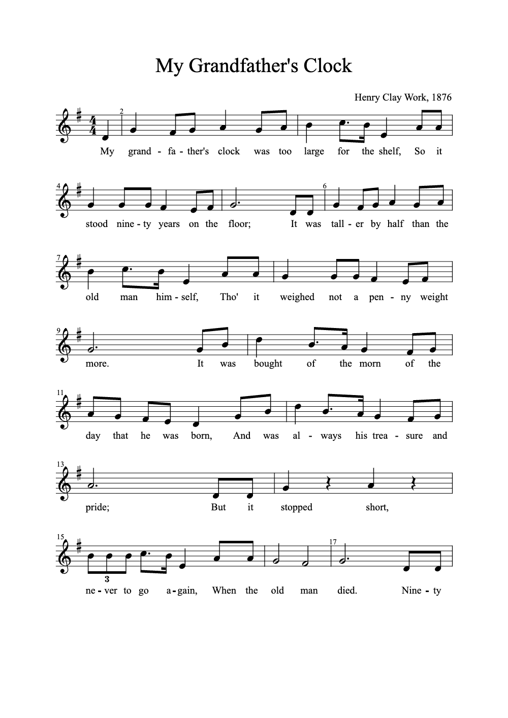 Sheet music preview for My Grandfather's Clock