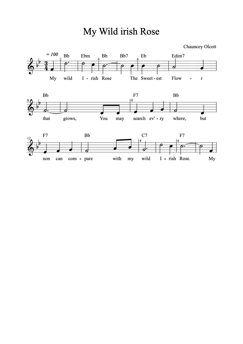 Sheet music preview for My Wild Irish Rose