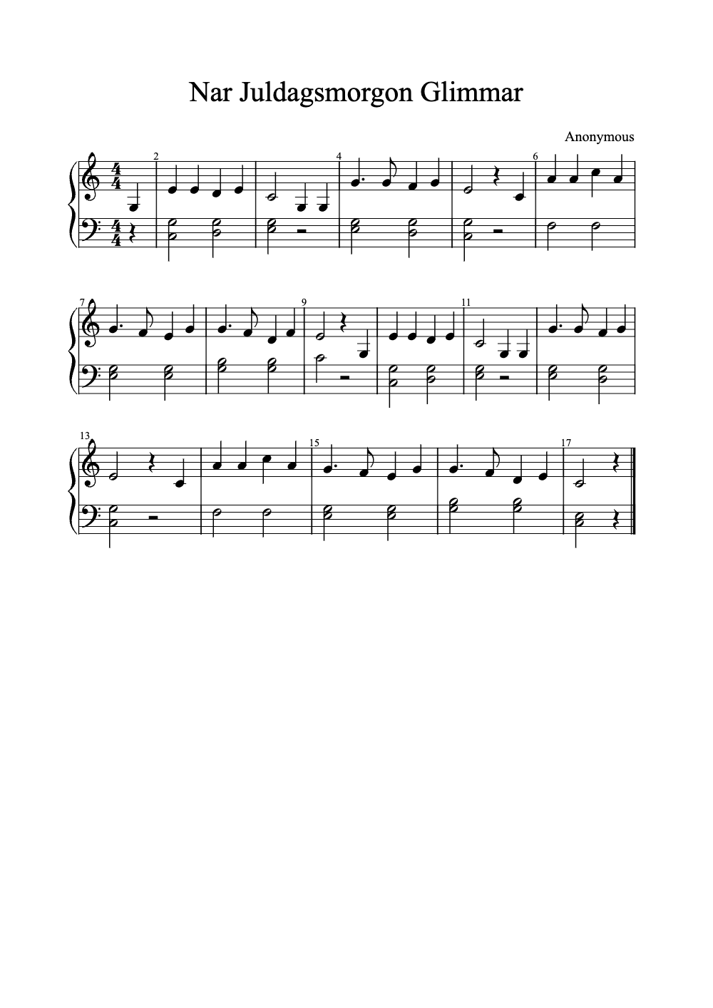 Sheet music preview for Nar Juldagsmorgon Glimmar