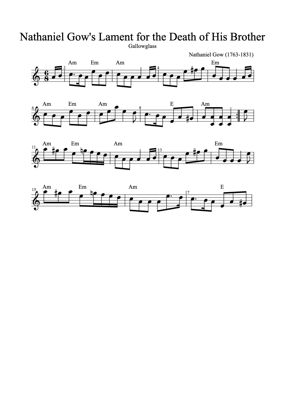 Sheet music preview for Nathaniel Gow's Lament for the Death of His Brother