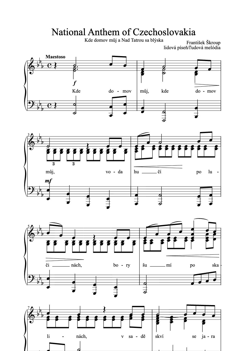 Sheet music preview for National Anthem of Czechoslovakia