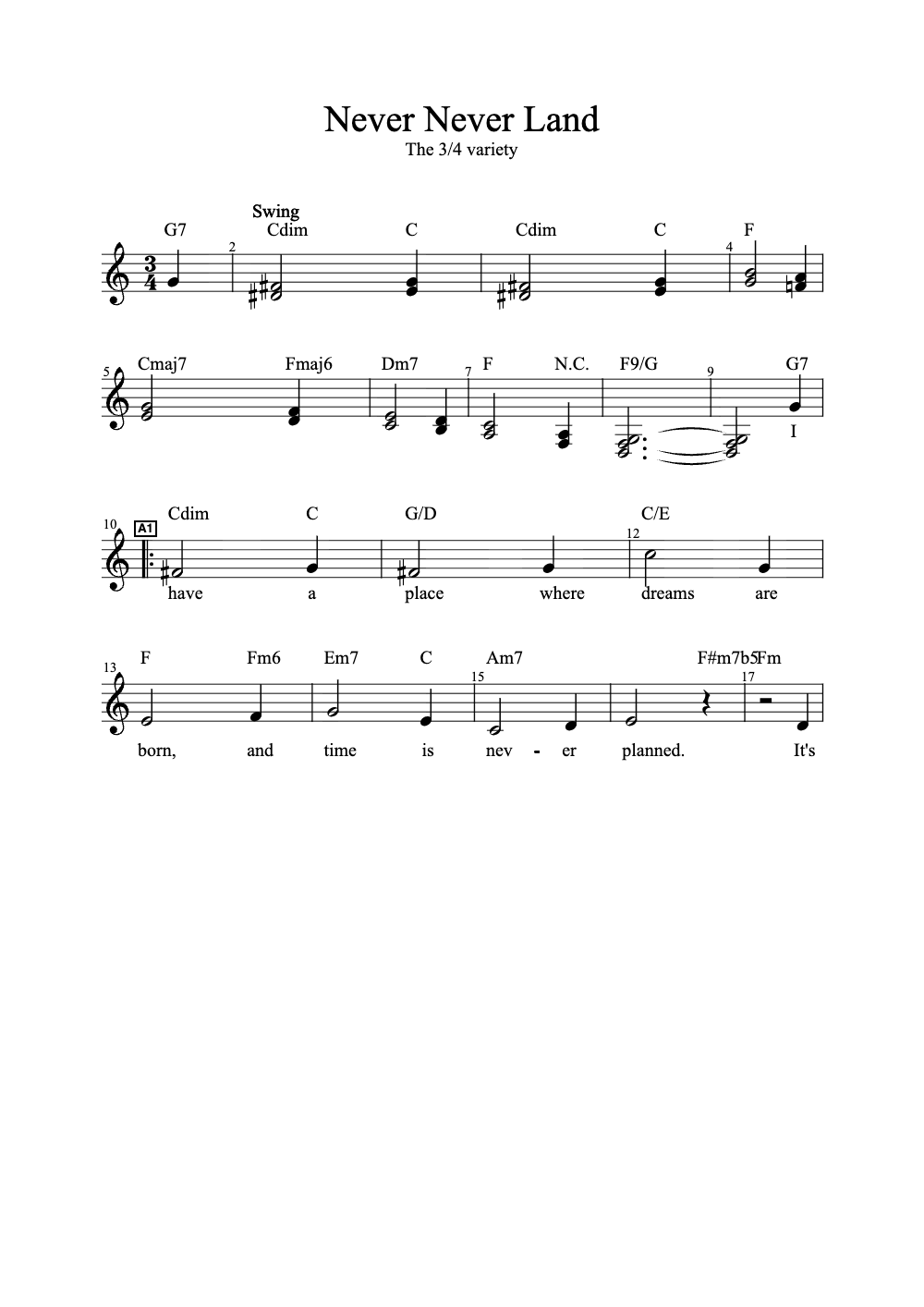 Sheet music preview for Never Never Land