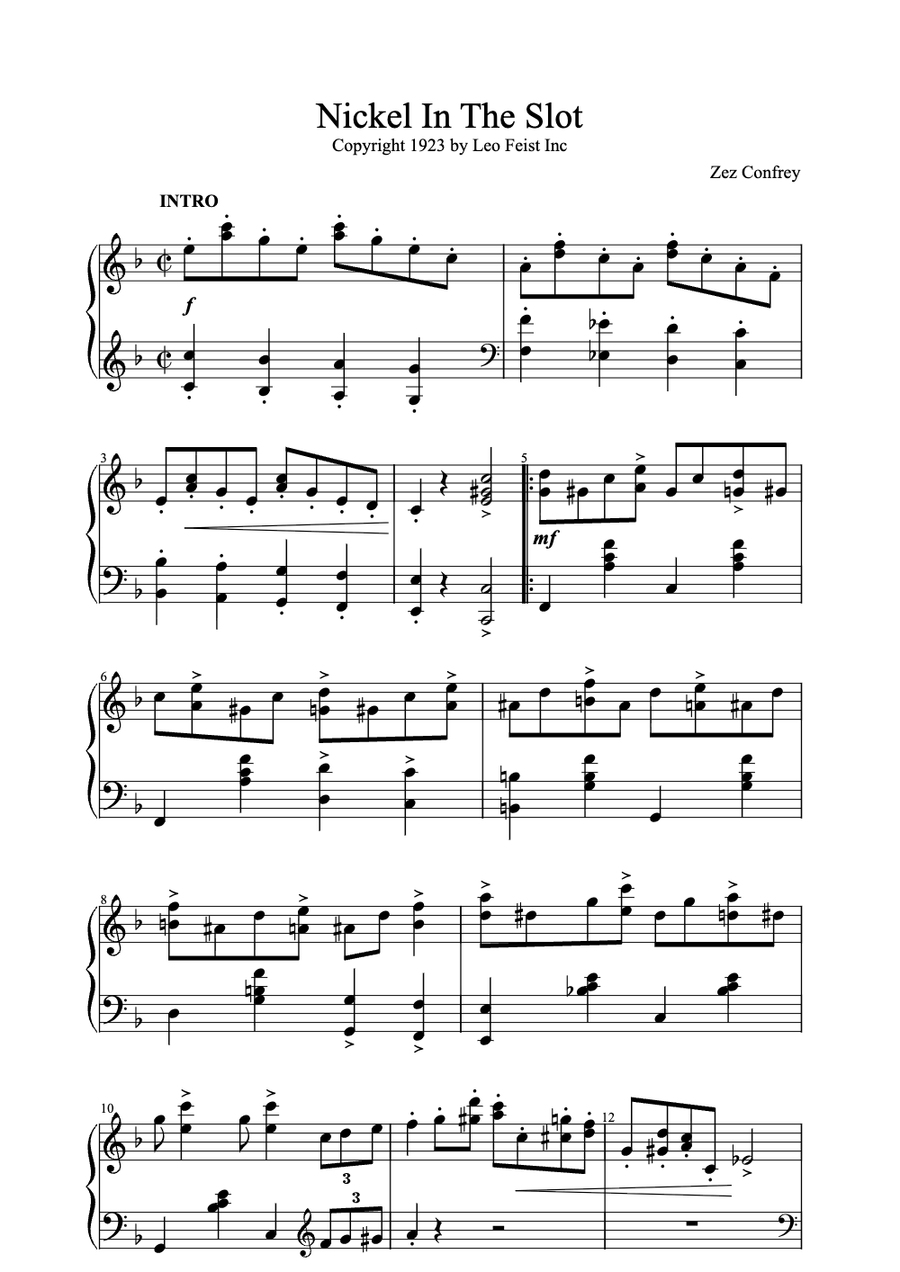 Sheet music preview for Nickel in the Slot