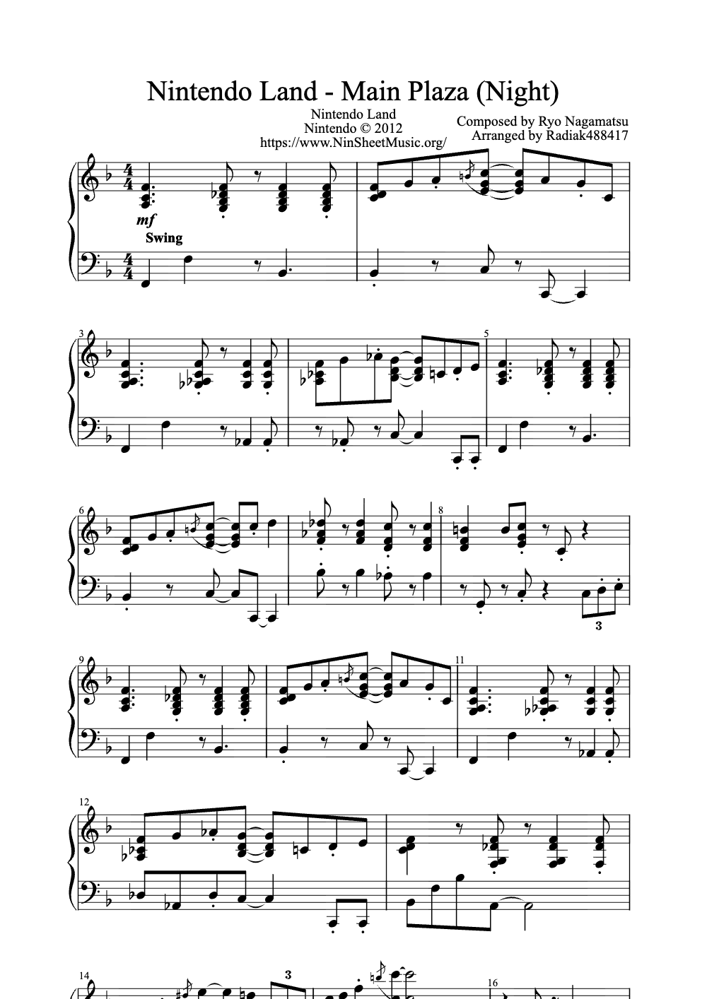 Sheet music preview for Nintendo Land - Main Plaza (Night)