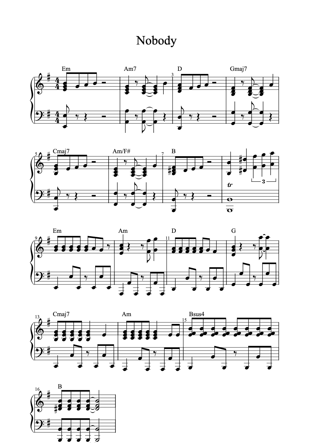 Sheet music preview for Nobody