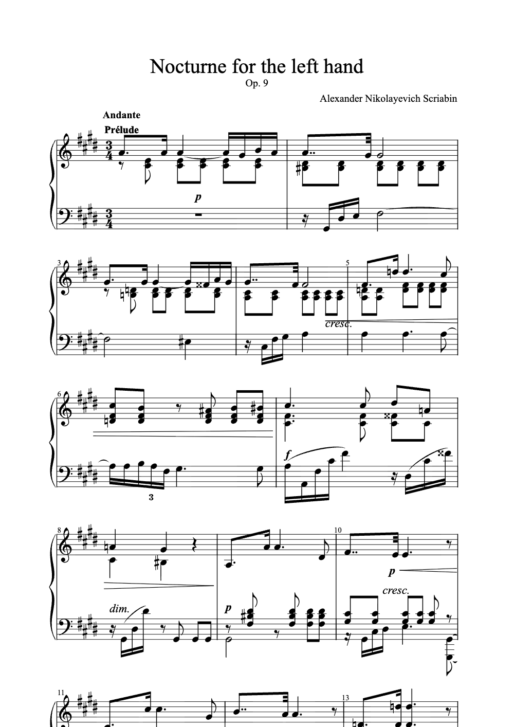 Sheet music preview for Nocturne for the Left Hand
