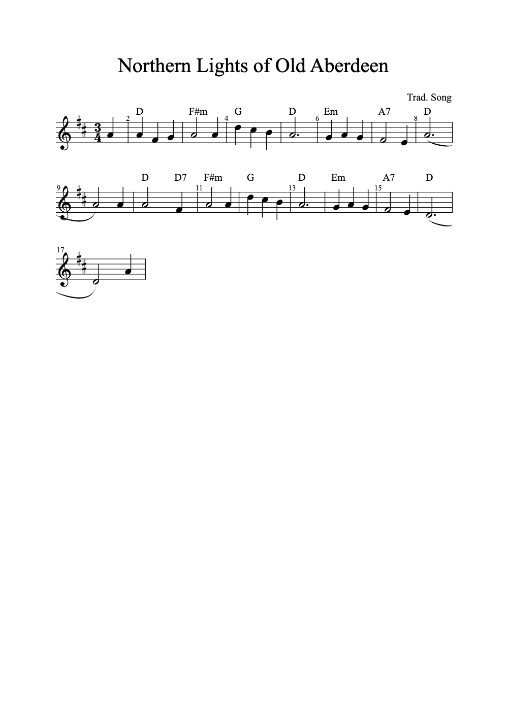 Sheet music preview for Northern Lights of Old Aberdeen