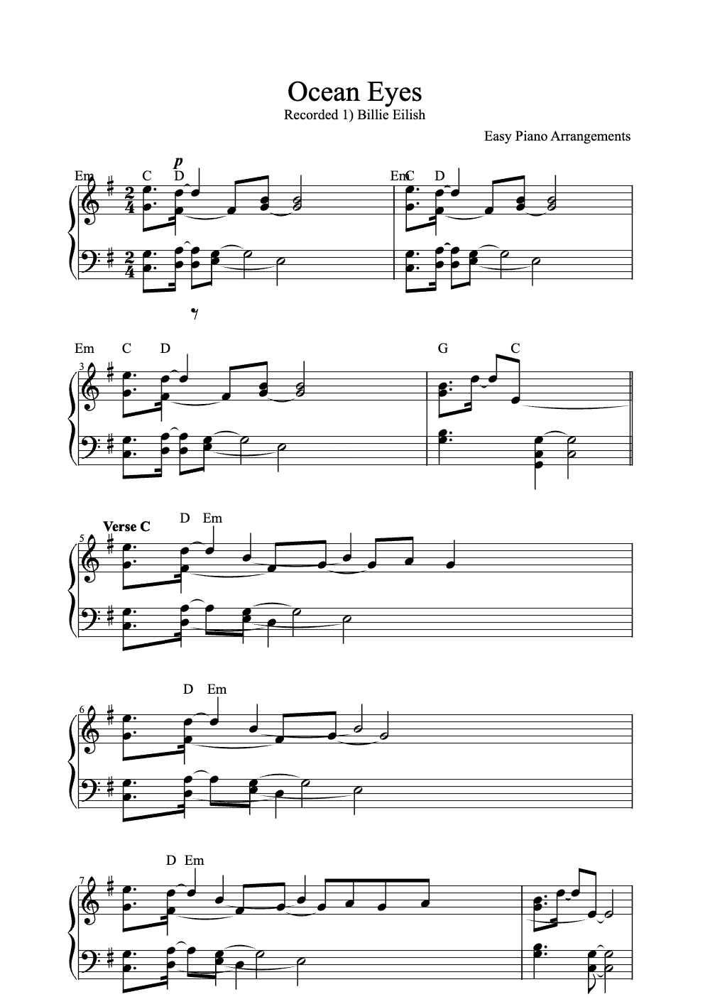Sheet music preview for Ocean Eyes