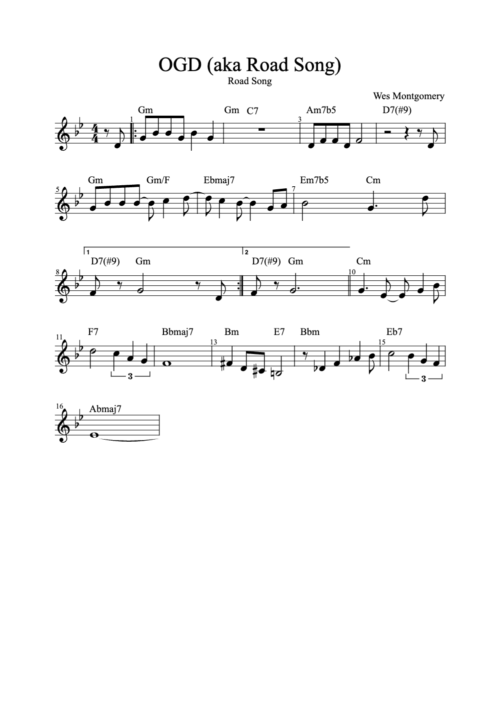 Sheet music preview for Ogden (aka Road Song)