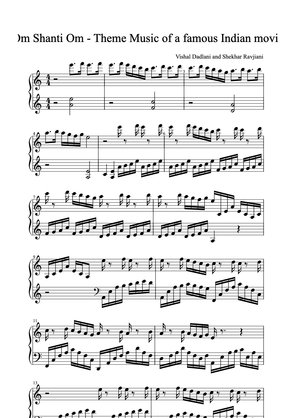 Sheet music preview for Om Shanti Om