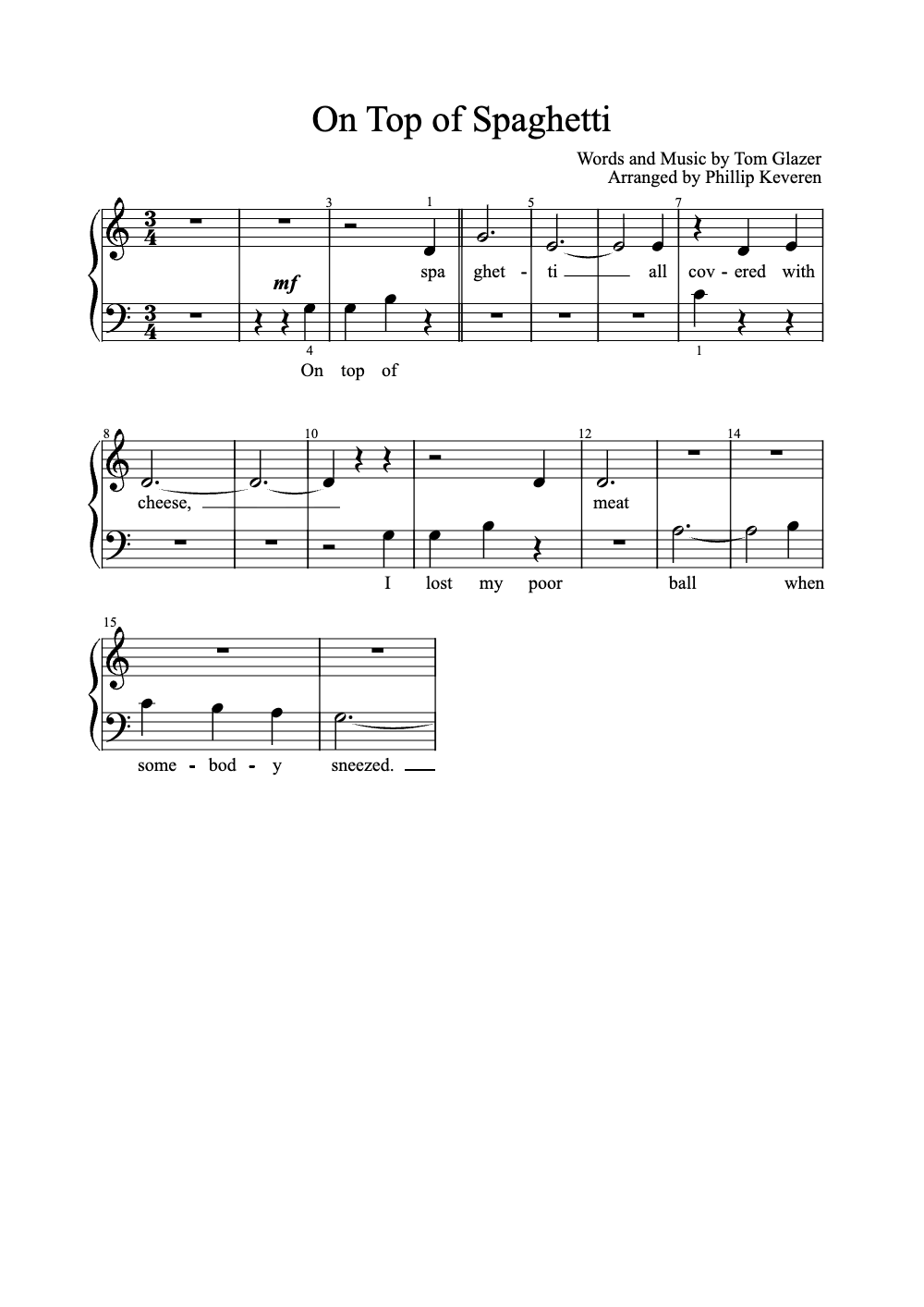 Sheet music preview for On Top of Spaghetti