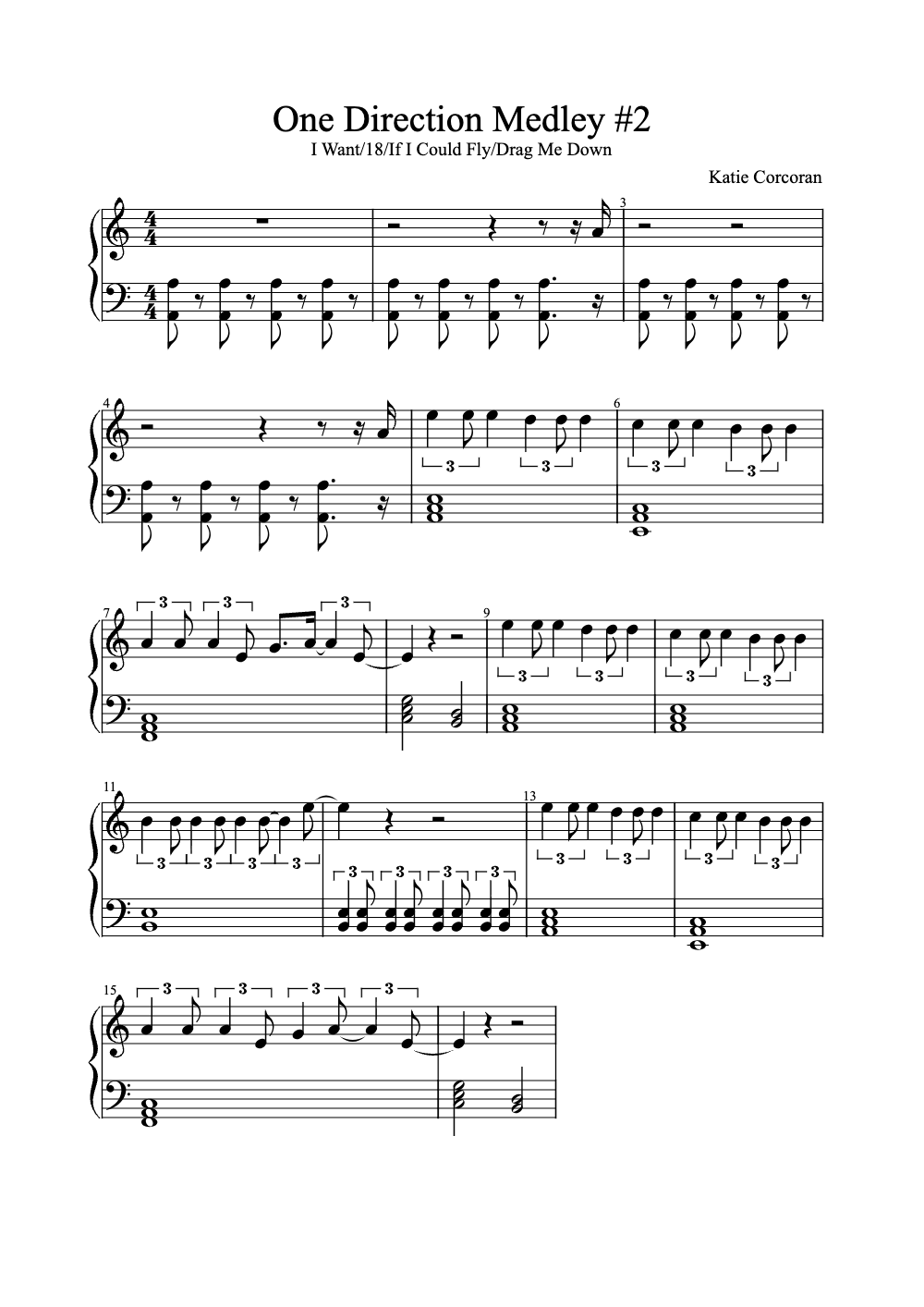 Sheet music preview for One Direction Medley #2