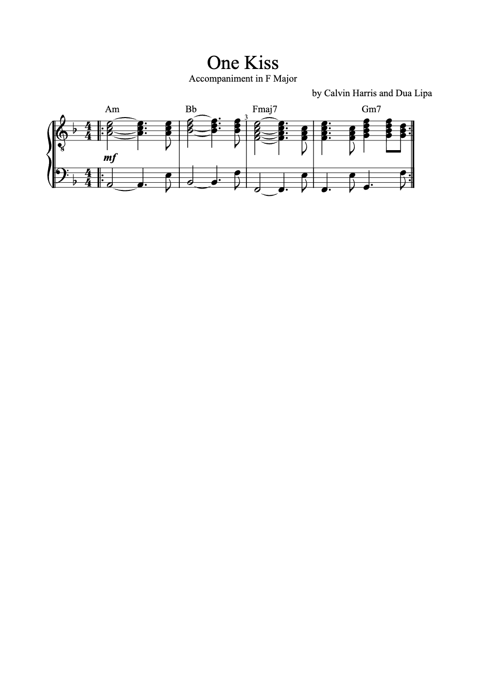 Sheet music preview for One Kiss